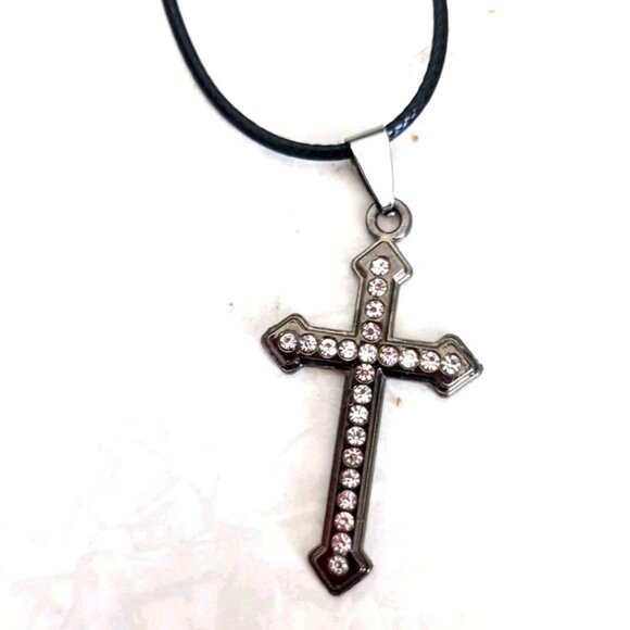 Black + Rhinestone Cross On Black Cord Choker Necklace 17" - Picture 3 of 10